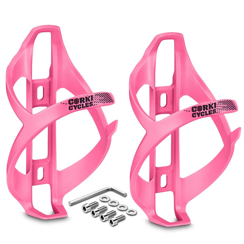 corki Cycles Bike Water Bottle Holder Right Side Load Water Bottle Cage for Road, MTB, Gravel Bicycles Magenta Pink 2 Pack - Image 1